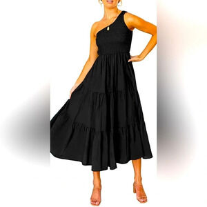Women's Bohemian One Shoulder Sleeveless Smocked Ruffle Tiered Beach Midi Dress